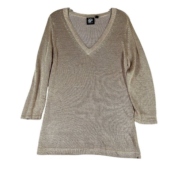 New York Company Sweater Womens Large Gold Metallic Knit V Neck Pullover Shimmer - Picture 1 of 9